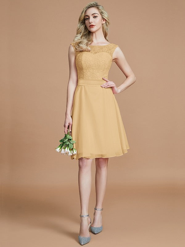 A-Line/Princess Bateau Sleeveless Lace Short/Mini Chiffon Bridesmaid Dresses TPP0005467