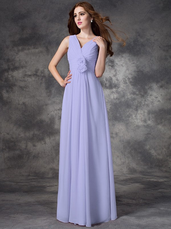 A-line/Princess V-neck Hand-Made Flower Sleeveless Long Chiffon Bridesmaid Dresses TPP0005784