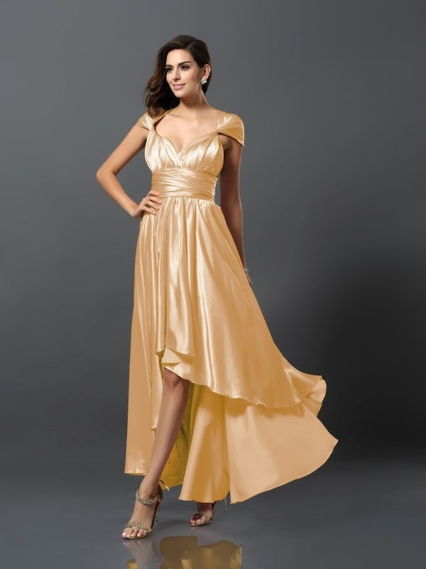 Sheath/Column Sleeveless High Low Silk like Satin Bridesmaid Dresses TPP0005141