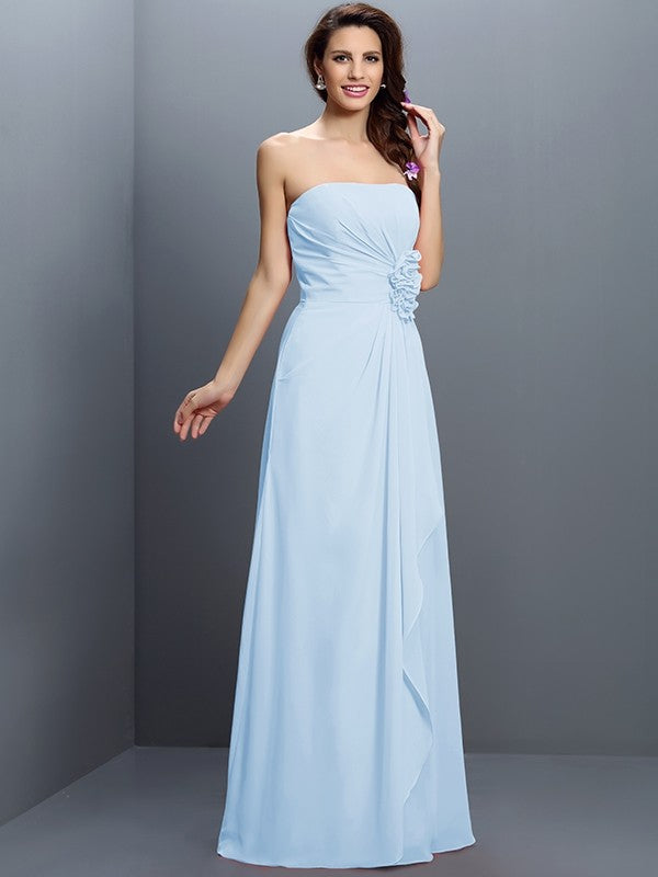 A-Line/Princess Strapless Hand-Made Flower Sleeveless Long Chiffon Bridesmaid Dresses TPP0005617