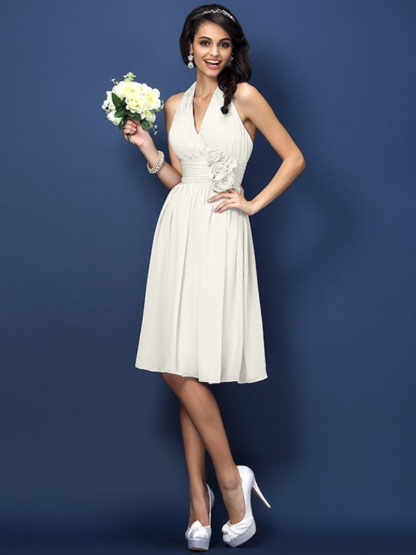 A-Line/Princess Halter Hand-Made Flower Sleeveless Short Chiffon Bridesmaid Dresses TPP0005668