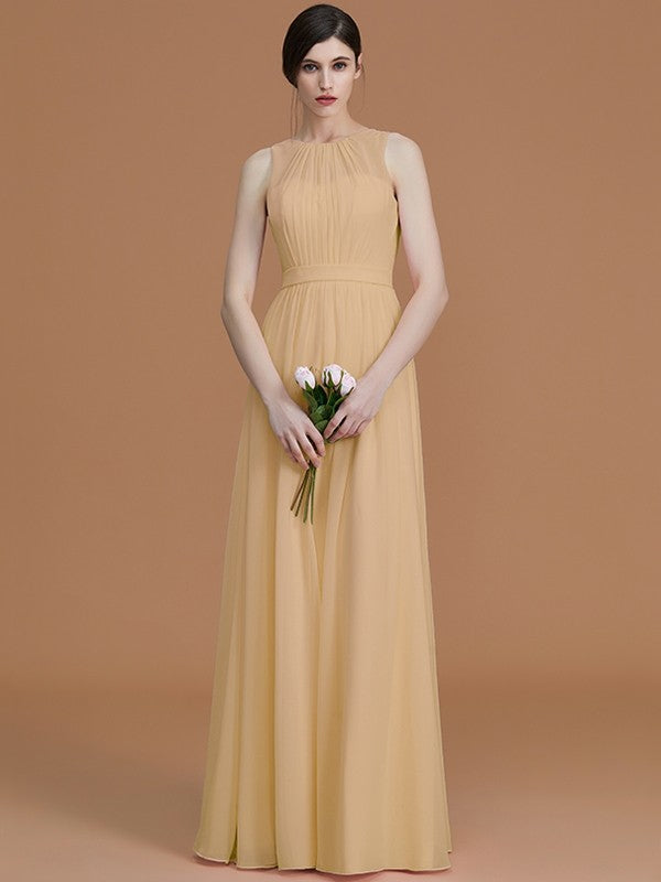 A-Line/Princess Jewel Sleeveless Floor-Length Ruched Chiffon Bridesmaid Dresses TPP0005645