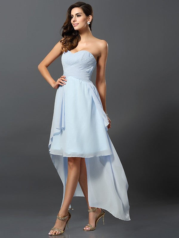 A-Line/Princess Sweetheart Pleats Sleeveless High Low Chiffon Bridesmaid Dresses TPP0005031