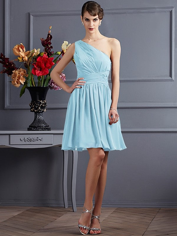 A-Line/Princess One-Shoulder Sleeveless Pleats Short Chiffon Bridesmaid Dresses TPP0005105