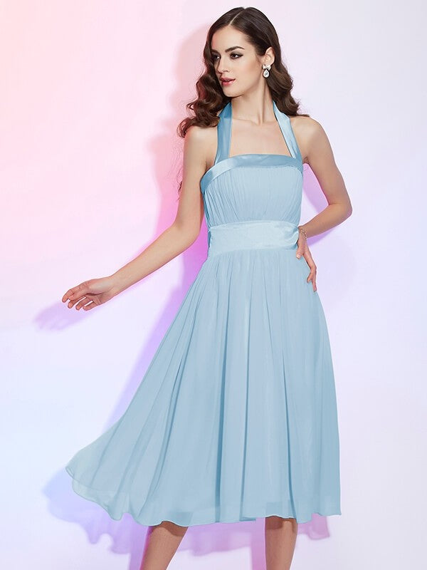 A-Line/Princess Halter Sleeveless Pleats Short Chiffon Bridesmaid Dresses TPP0005106