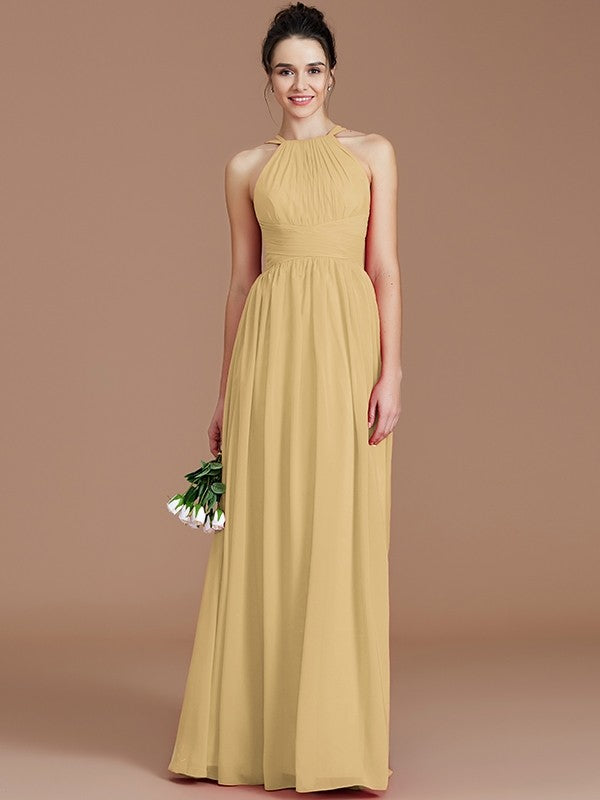 A-Line/Princess Halter Sleeveless Ruched Floor-Length Chiffon Bridesmaid Dresses TPP0005272