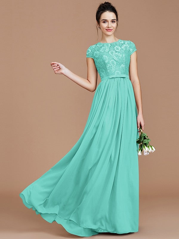 A-Line/Princess Jewel Short Sleeves Lace Floor-Length Chiffon Bridesmaid Dresses TPP0005264