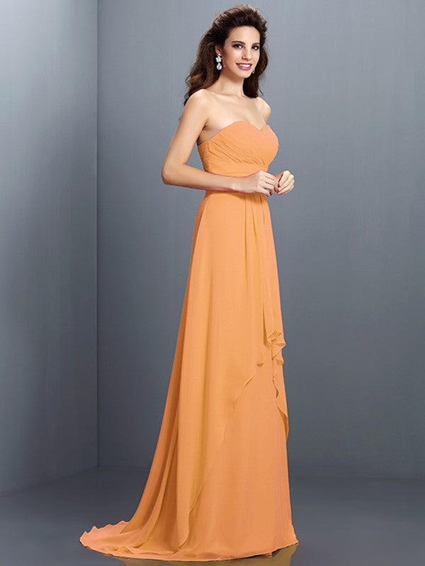 A-Line/Princess Sweetheart Pleats Sleeveless Long Chiffon Bridesmaid Dresses TPP0005681