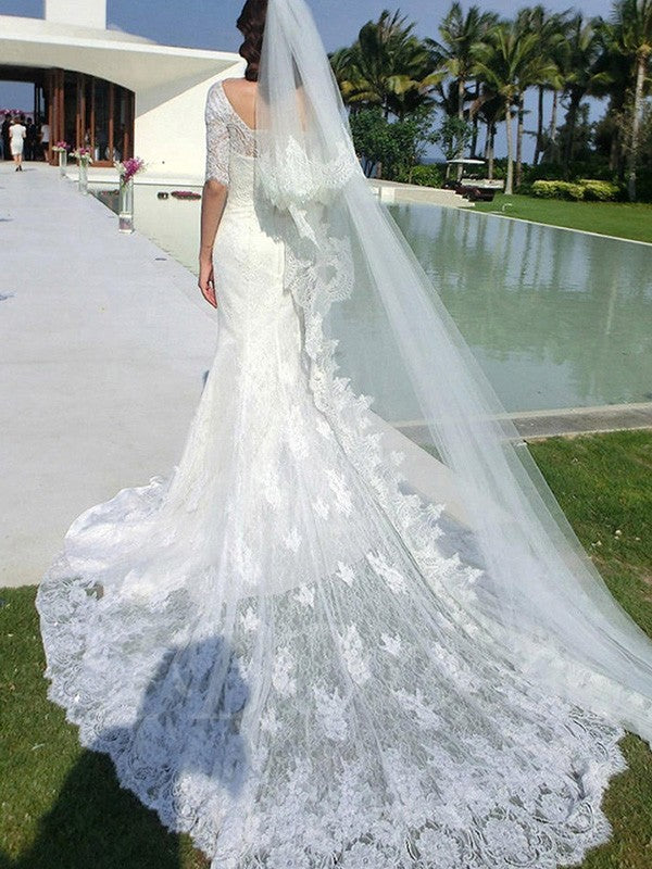 Trumpet/Mermaid 1/2 Sleeves Square Cathedral Train Applique Lace Wedding Dresses TPP0006540