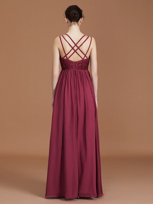 A-Line/Princess Lace Sweetheart Chiffon Ruched Floor-Length Bridesmaid Dresses TPP0005841