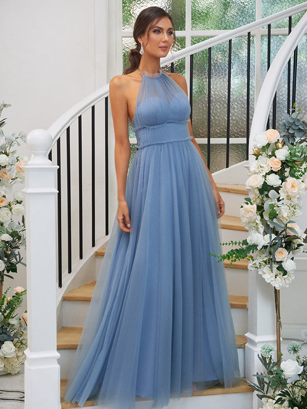 A-Line/Princess Tulle Ruched Halter Sleeveless Floor-Length Bridesmaid Dresses TPP0004960