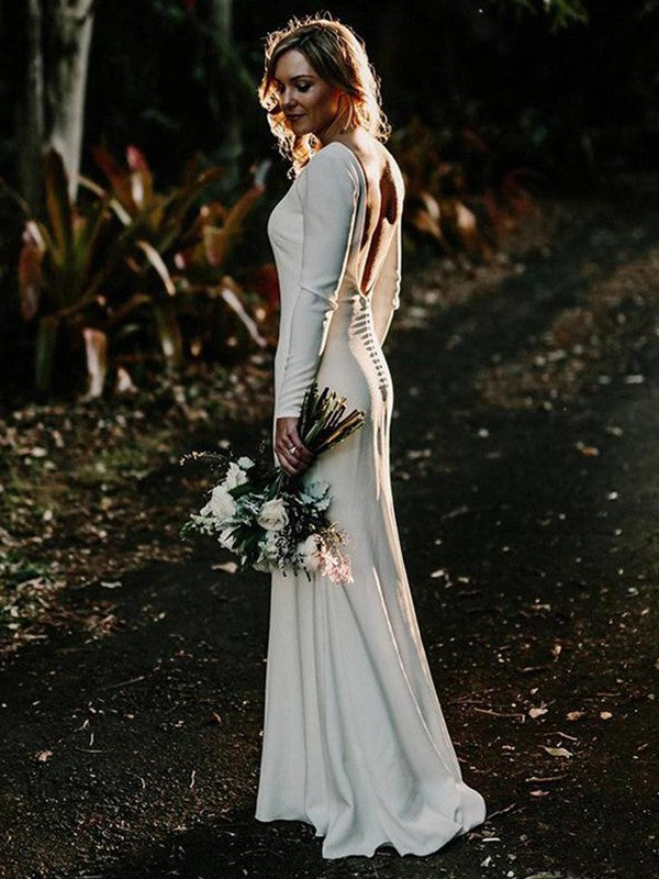 Sheath/Column Jewel Long Sleeves Floor-Length Ruffles Stretch Crepe Wedding Dresses TPP0006325