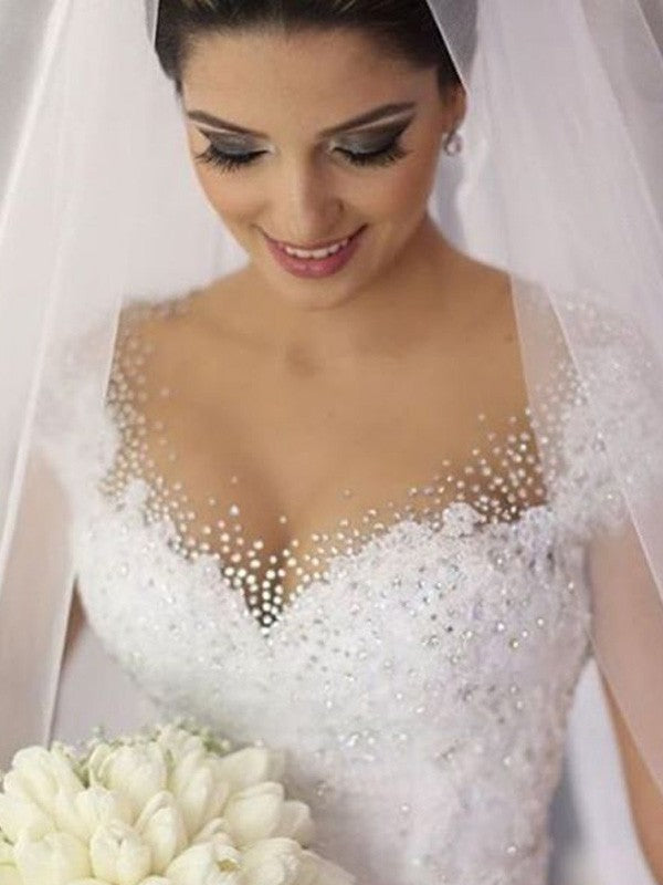 Ball Gown Sleeveless V-neck Beading Floor-Length Tulle Wedding Dresses TPP0005929