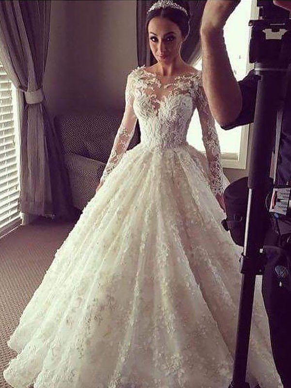 Ball Gown Long Sleeves Scoop Court Train Lace Wedding Dresses TPP0006107