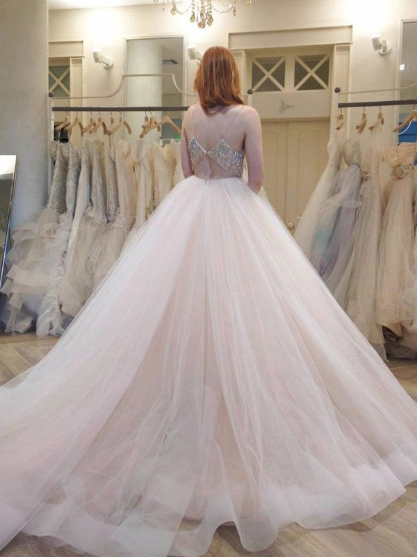 Ball Gown Spaghetti Straps Sleeveless Crystal Court Train Tulle Wedding Dresses TPP0006122