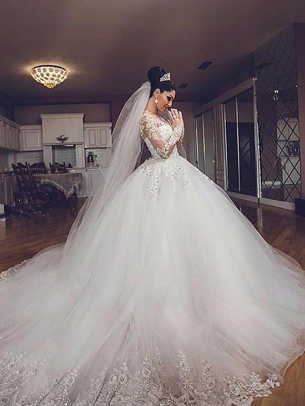 Ball Gown Long Sleeves Tulle V-neck Court Train Wedding Dresses TPP0006102