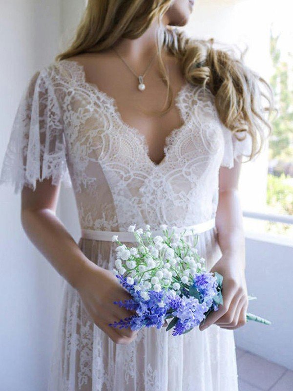 A-Line/Princess Lace Sash/Ribbon/Belt V-neck Short Sleeves Sweep/Brush Train Wedding Dresses TPP0005917