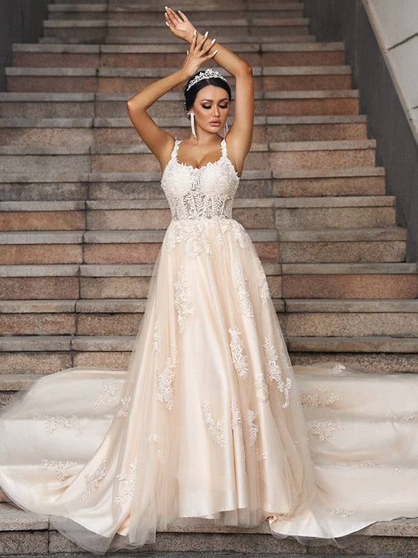 A-Line/Princess Tulle Applique Straps Sleeveless Court Train Wedding Dresses TPP0006403