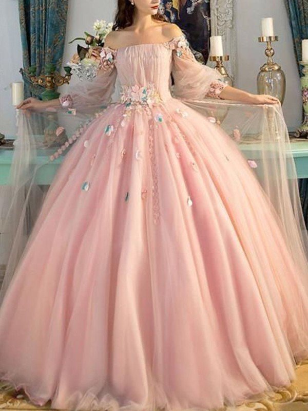 Ball Gown Off-the-Shoulder Tulle Long Sleeves Hand-Made Flower Floor-Length Dresses TPP0001386