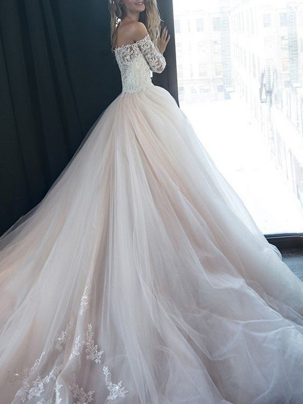 A-Line/Princess Off-the-Shoulder Long Sleeves Court Train Applique Tulle Wedding Dresses TPP0005949