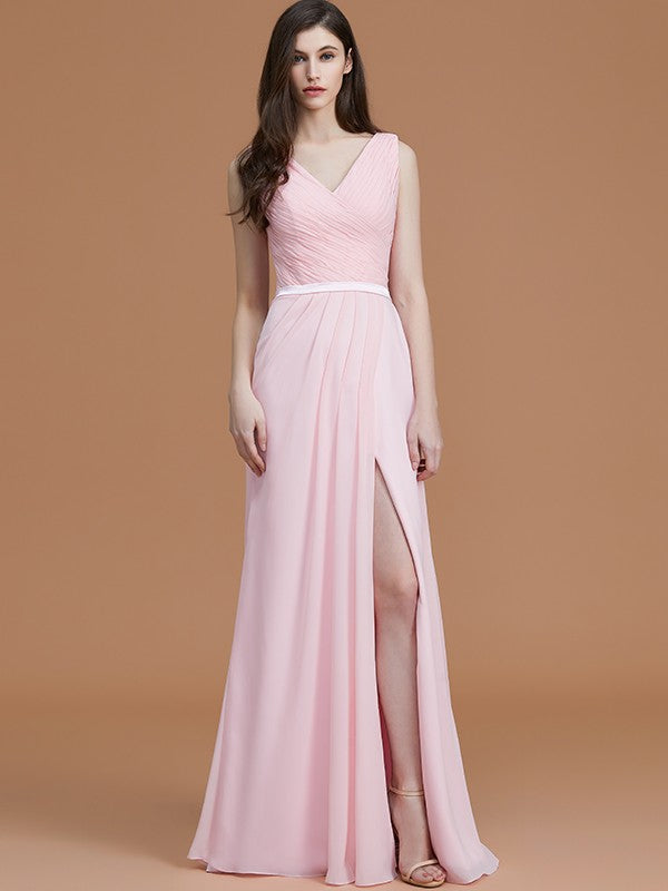 A-Line/Princess V-neck Sleeveless Floor-Length Ruched Chiffon Bridesmaid Dresses TPP0005284