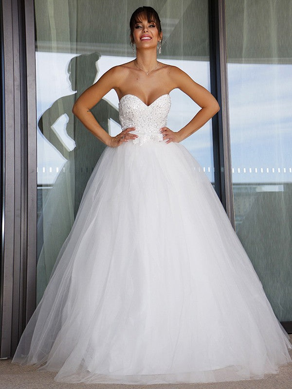Ball Gown Tulle Sweetheart Bowknot Sleeveless Floor-Length Wedding Dresses TPP0006196