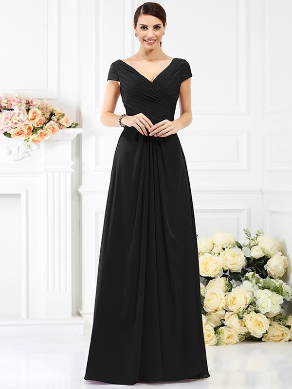 A-Line/Princess V-neck Pleats Short Sleeves Long Chiffon Bridesmaid Dresses TPP0005128