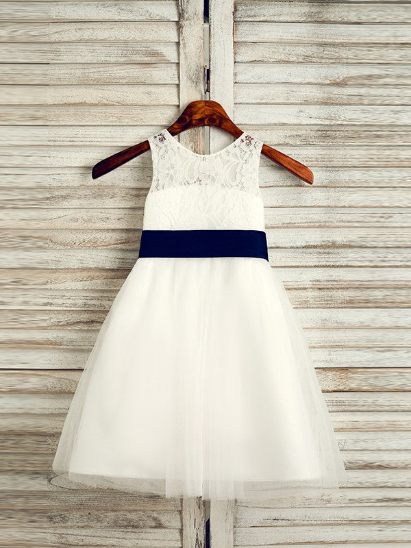 A-Line/Princess Tulle Bowknot Scoop Sleeveless Tea-Length Flower Girl Dresses TPP0007519