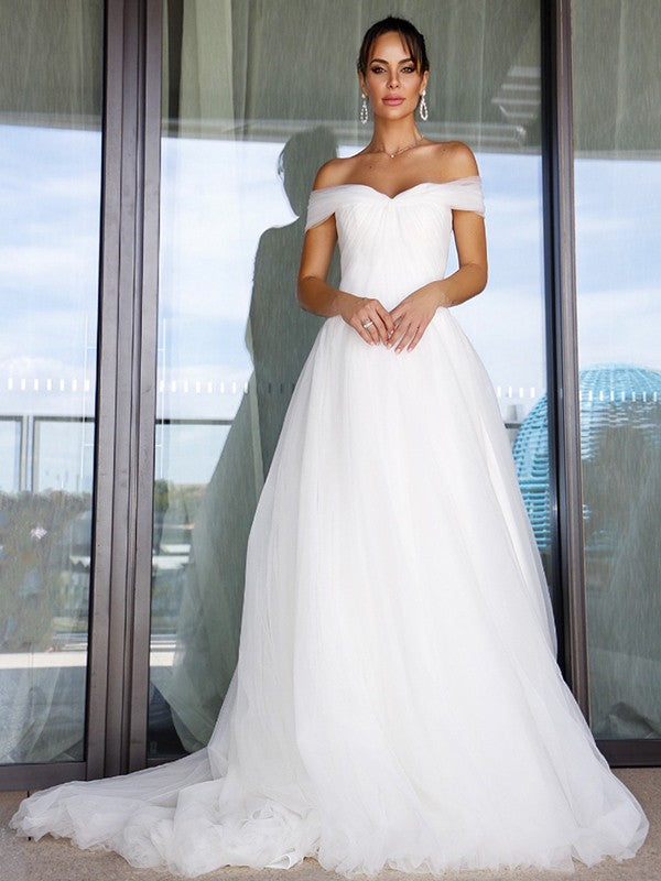 A-Line/Princess Sleeveless Tulle Off-the-Shoulder Ruched Sweep/Brush Train Wedding Dresses TPP0006066