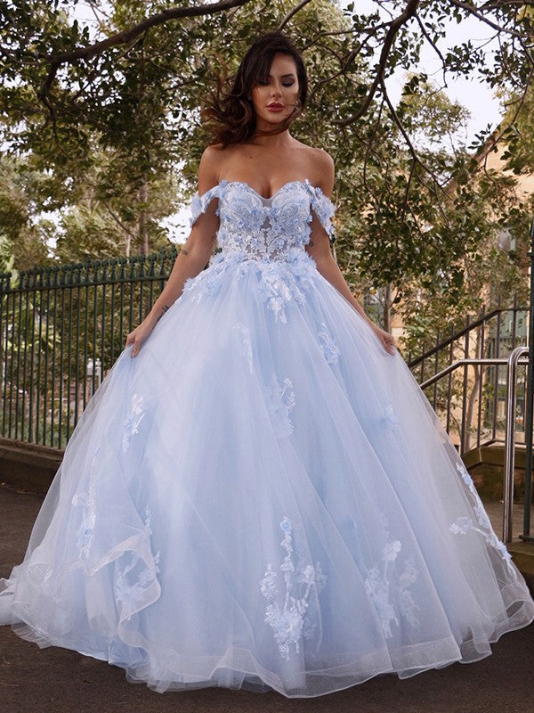 Ball Gown Tulle Applique Off-the-Shoulder Sleeveless Sweep/Brush Train Dresses TPP0001427