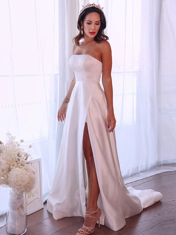 A-Line/Princess Satin Ruffles Strapless Sleeveless Sweep/Brush Train Wedding Dresses TPP0006459