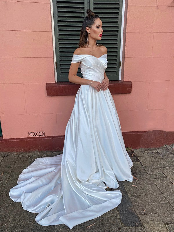 A-Line/Princess Satin Ruched Off-the-Shoulder Sleeveless Court Train Wedding Dresses TPP0006147