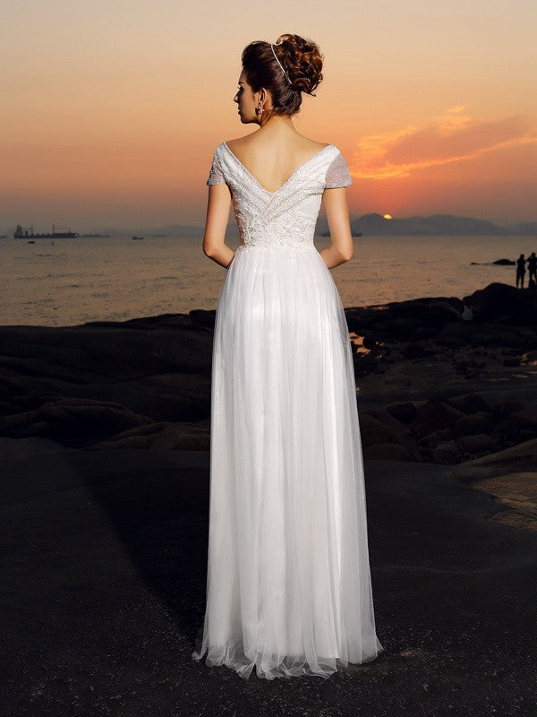 A-Line/Princess Off-the-Shoulder Beading Short Sleeves Long Tulle Beach Wedding Dresses TPP0006636