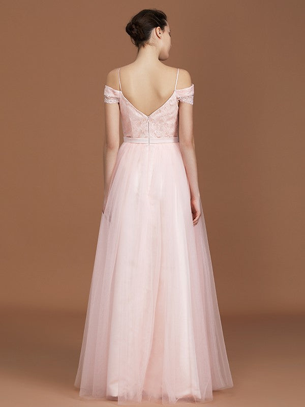 A-Line/Princess Short Sleeves Lace Spaghetti Straps Ruched Sweetheart Floor-Length Tulle Bridesmaid Dresses TPP0005826