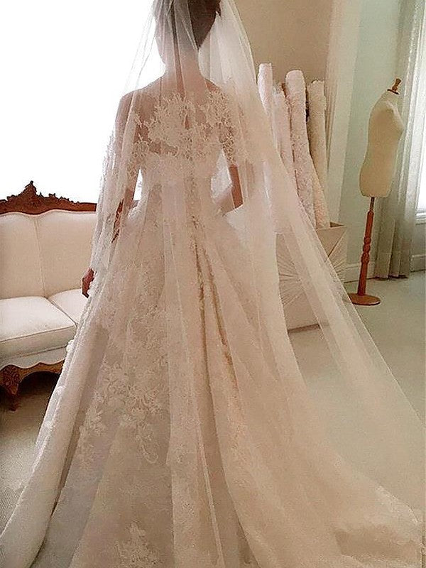 A-Line/Princess Lace Court Train Scoop Applique Sleeveless Wedding Dresses TPP0006165