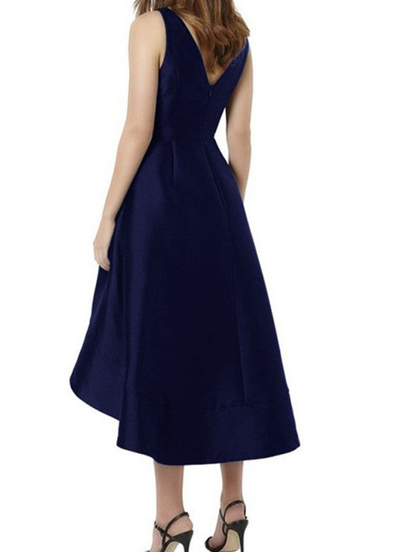 A-Line/Princess V-neck Sleeveless Tea-Length Satin Bridesmaid Dresses TPP0005167