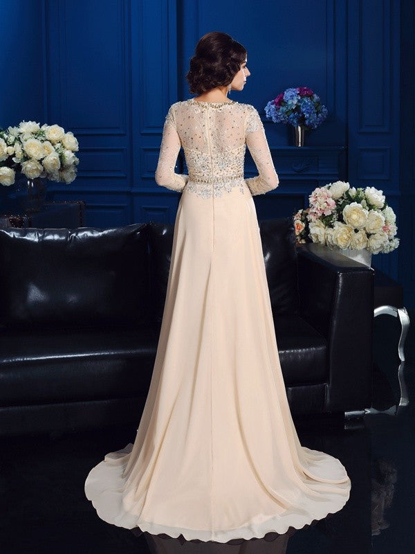 A-Line/Princess Scoop Beading Long Sleeves Long Chiffon Mother of the Bride Dresses TPP0007085