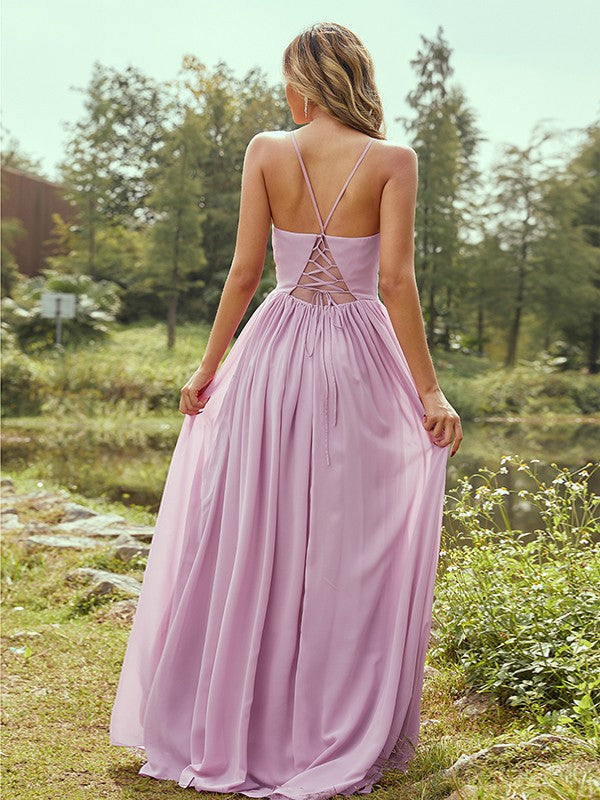 A-Line/Princess Chiffon Ruffles V-neck Sleeveless Floor-Length Bridesmaid Dresses TPP0004969