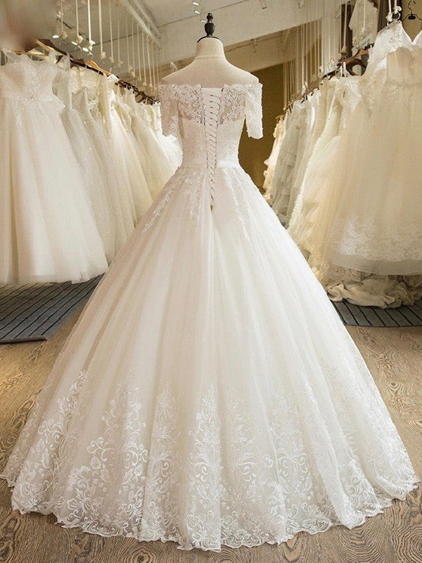 Ball Gown 1/2 Sleeves Off-the-Shoulder Floor-Length Applique Lace Tulle Wedding Dresses TPP0006322