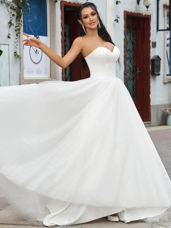 A-Line/Princess Lace Ruffles Sweetheart Sleeveless Sweep/Brush Train Wedding Dresses TPP0006517