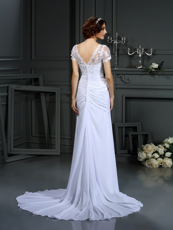 Sheath/Column V-neck Lace Short Sleeves Long Chiffon Wedding Dresses TPP0006494