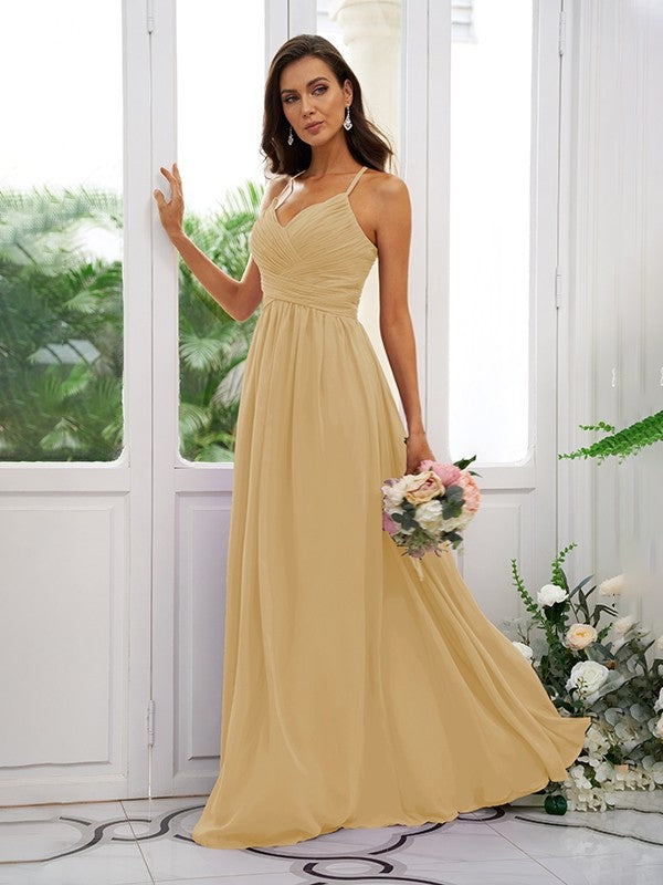A-Line/Princess Chiffon Ruched V-neck Sleeveless Floor-Length Bridesmaid Dresses TPP0004928
