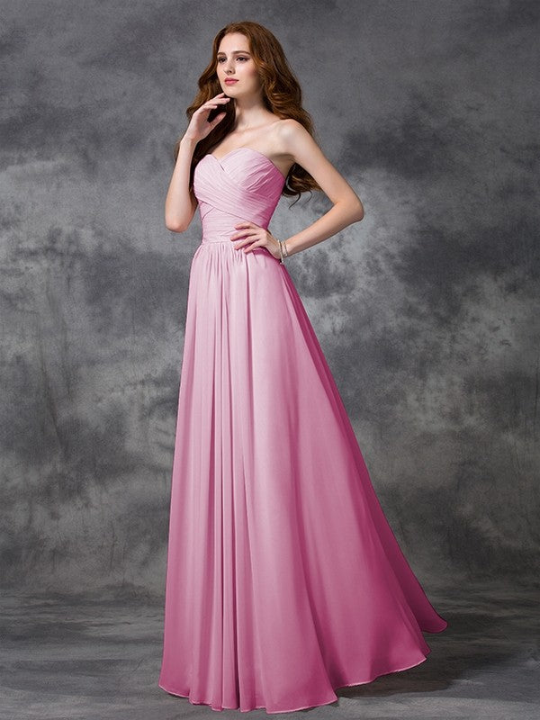 A-line/Princess Sweetheart Sleeveless Ruched Long Chiffon Bridesmaid Dresses TPP0005267