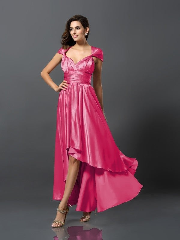 Sheath/Column Sleeveless High Low Silk like Satin Bridesmaid Dresses TPP0005141