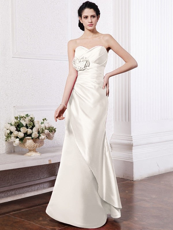 Sheath/Column Sweetheart Sleeveless Pleats Hand-Made Flower Long Elastic Woven Satin Bridesmaid Dresses TPP0005752