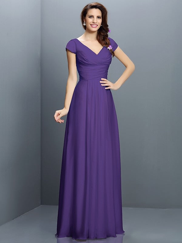 A-Line/Princess V-neck Pleats Short Sleeves Long Chiffon Bridesmaid Dresses TPP0005256