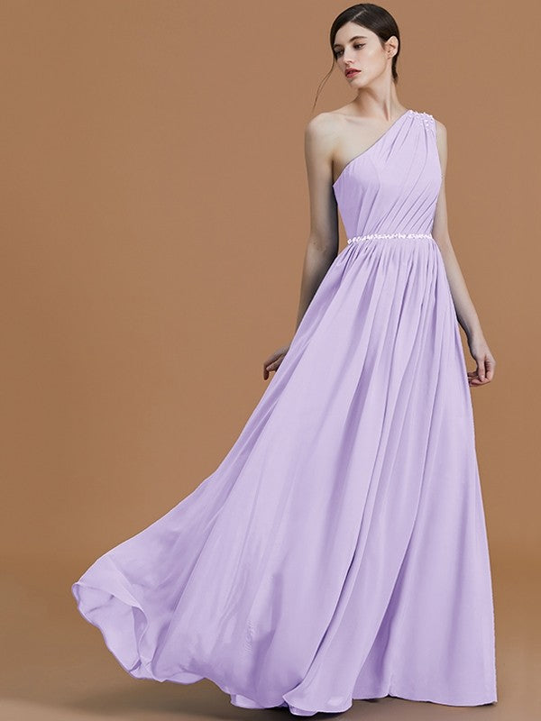 A-Line/Princess One-Shoulder Sleeveless Floor-Length Beading Chiffon Bridesmaid Dresses TPP0005259