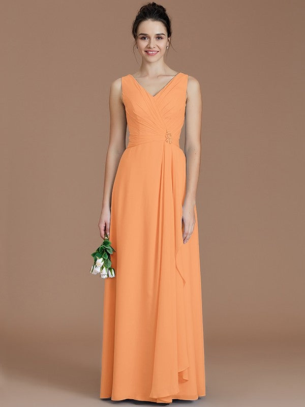 A-Line/Princess V-neck Sleeveless Ruched Floor-Length Chiffon Bridesmaid Dresses TPP0005631