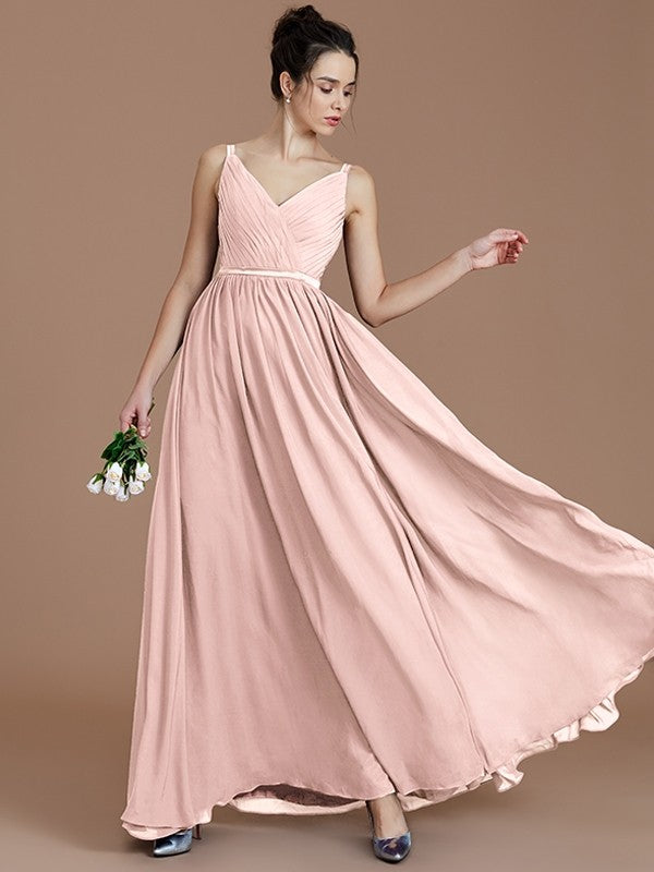 A-Line/Princess V-neck Sleeveless Ruched Floor-Length Chiffon Bridesmaid Dresses TPP0005599