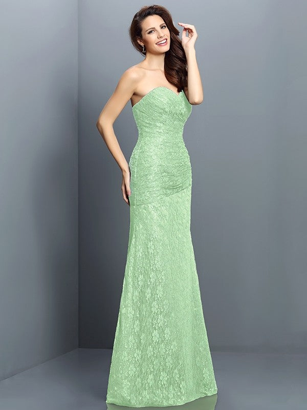 A-Line/Princess Sweetheart Lace Sleeveless Long Satin Bridesmaid Dresses TPP0005630